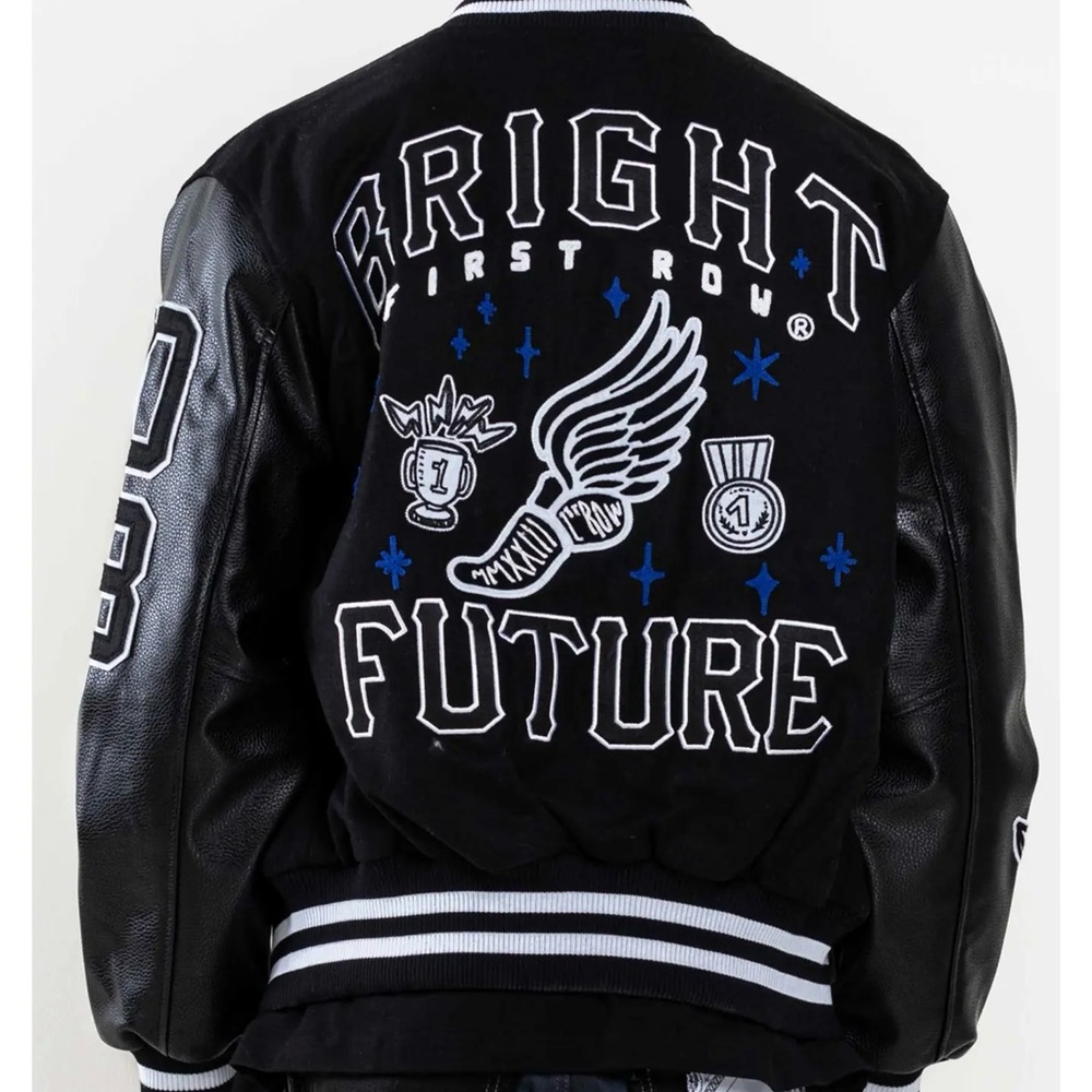 Black Varsity Jacket with Graphic Patches - Picture 2 of 7
